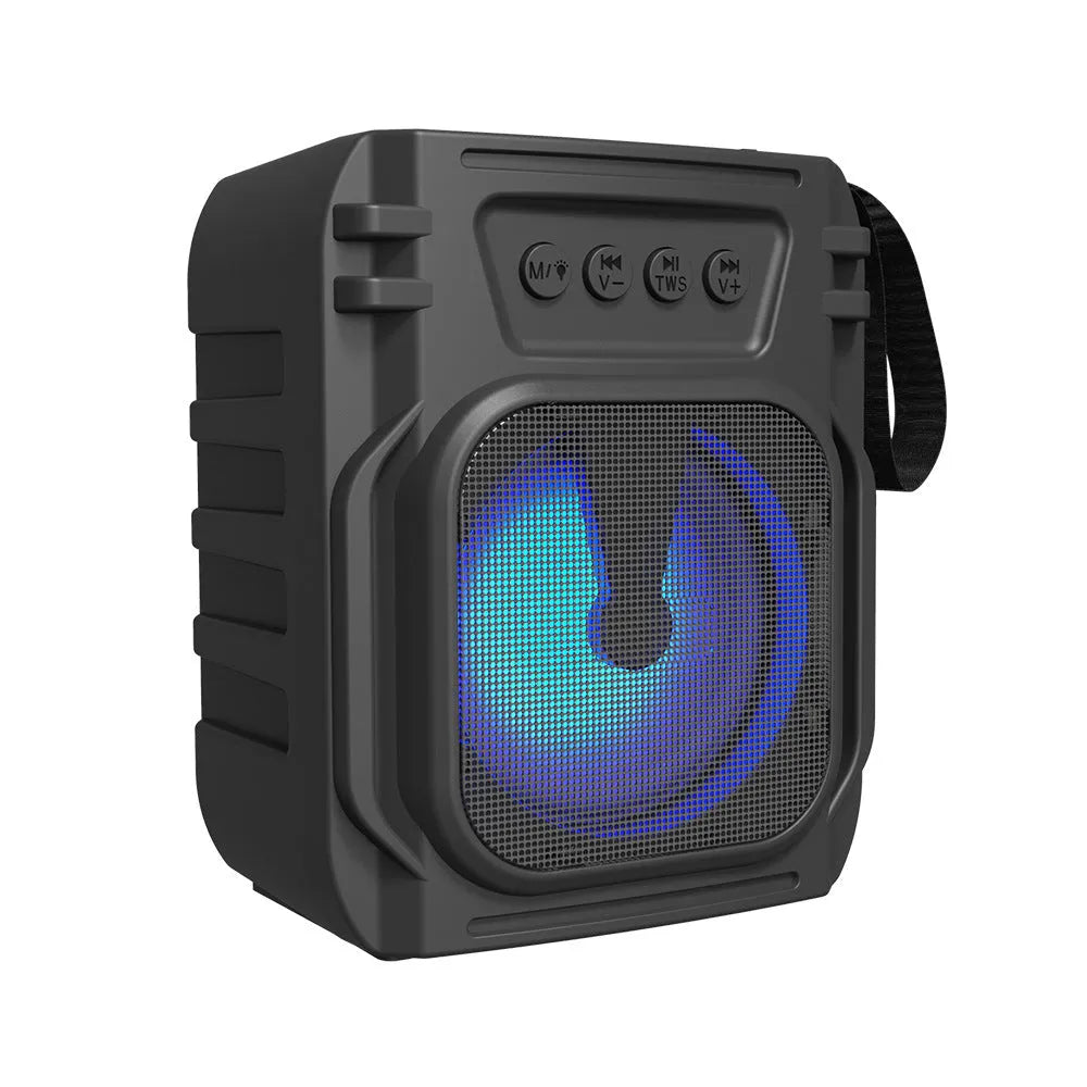 Blue portable Bluetooth speaker with FM radio measuring 110mm high with USB charging cable