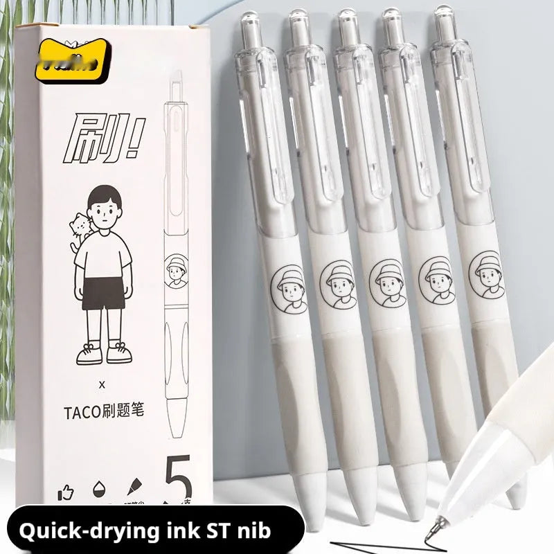 Five white ballpoint pens with 0.5mm black ink tips arranged together