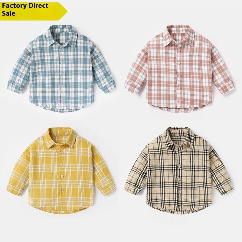Boy's khaki lattice print cotton long sleeve casual shirt on a hanger