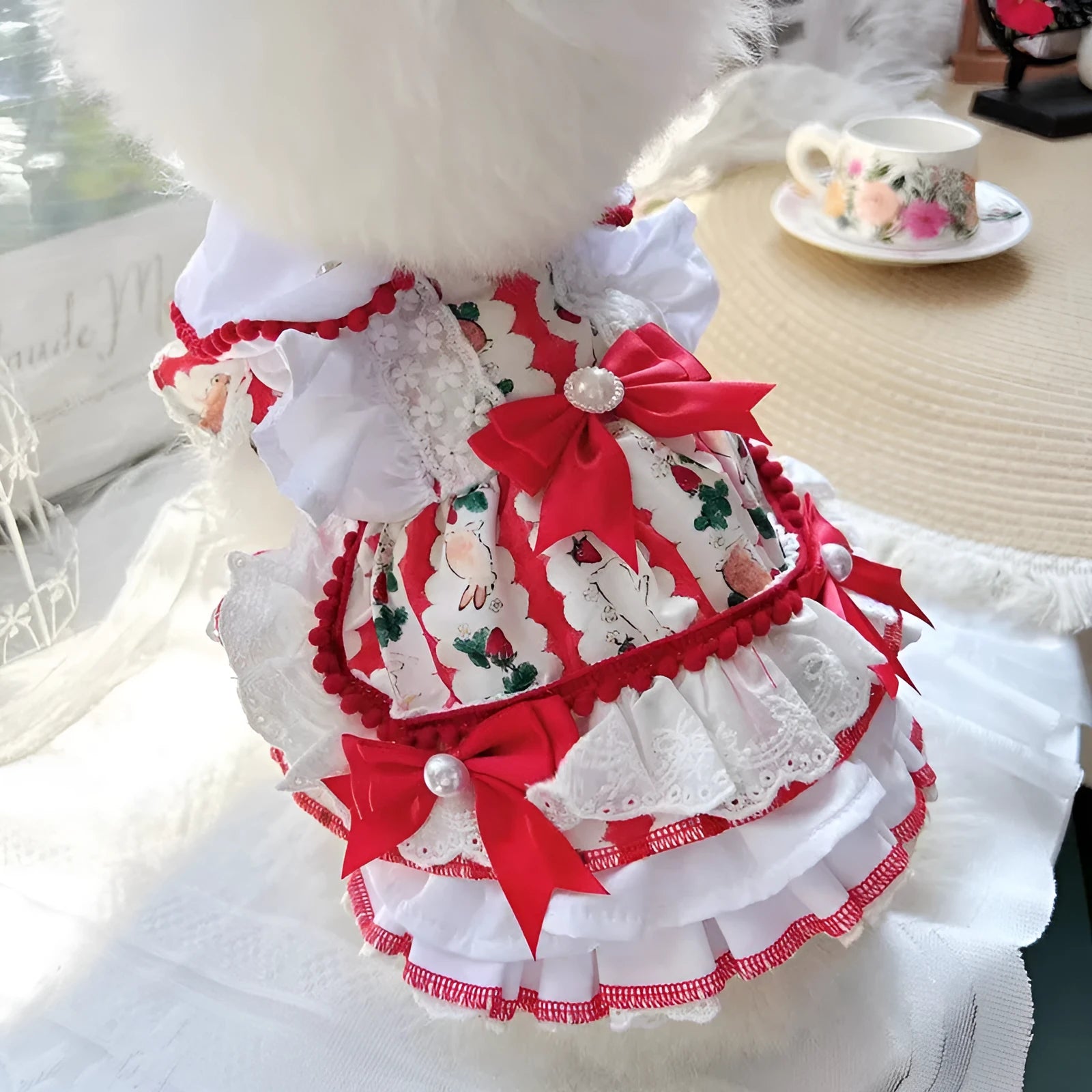 Polyester rabbit skirt princess dog dress shown on a small dog, with size chart for XS S M L XL.