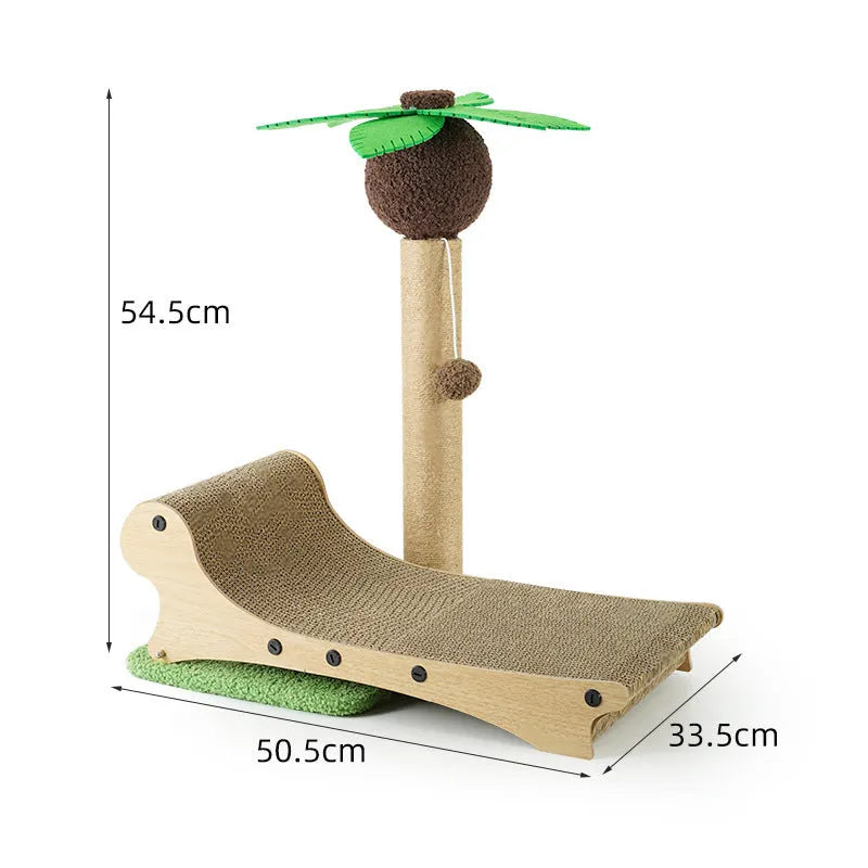Wooden beach chair style cat climbing frame with chamfered columns and a natural hemp mat base.