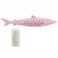 Green silicone fish-shaped cat chew toy with side holes on a white background.