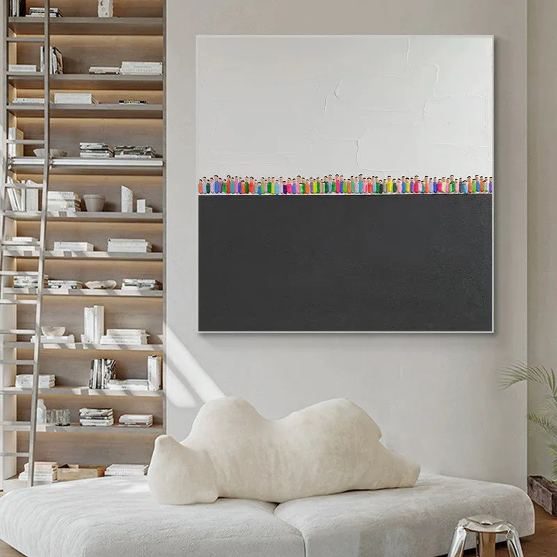 Hand painted modern abstract oil painting on canvas with textured character design in square format for living room wall art