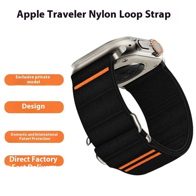 Elastic nylon sports watchband with stainless steel buckle for Apple Watch, shown in Army Green colour.