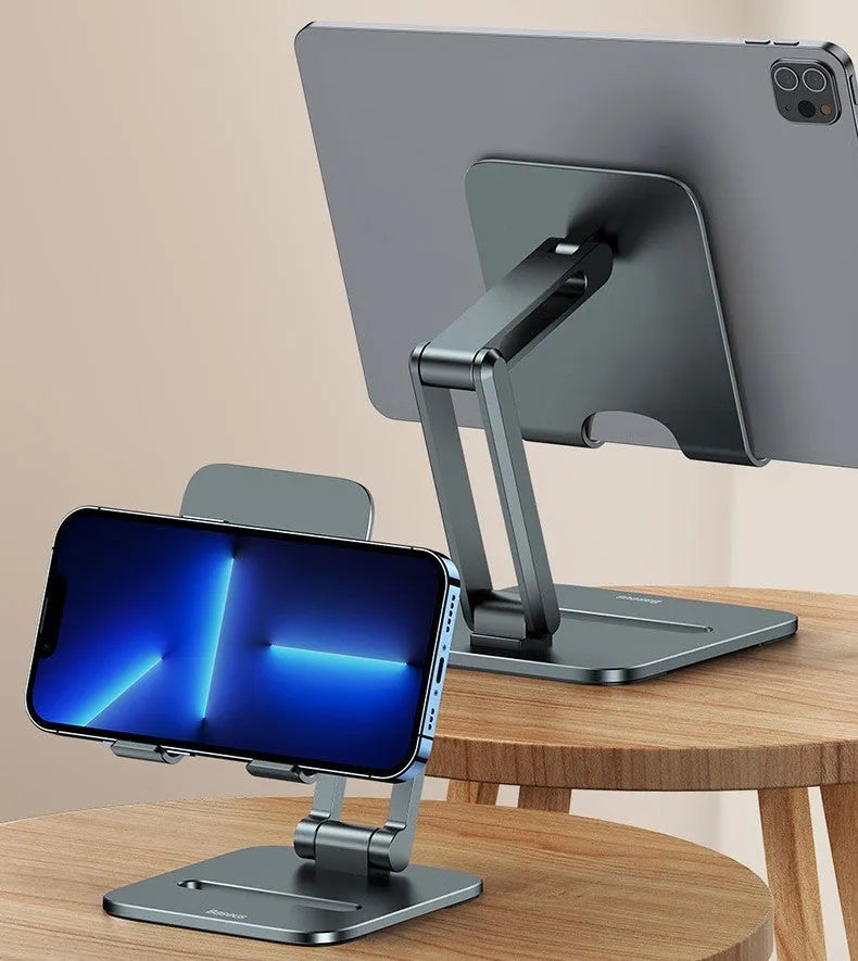 Folding aluminium alloy stand holding a 13-inch tablet on a desk, deep space gray colour, tablet model size 115 by 126 by 43 millimetres