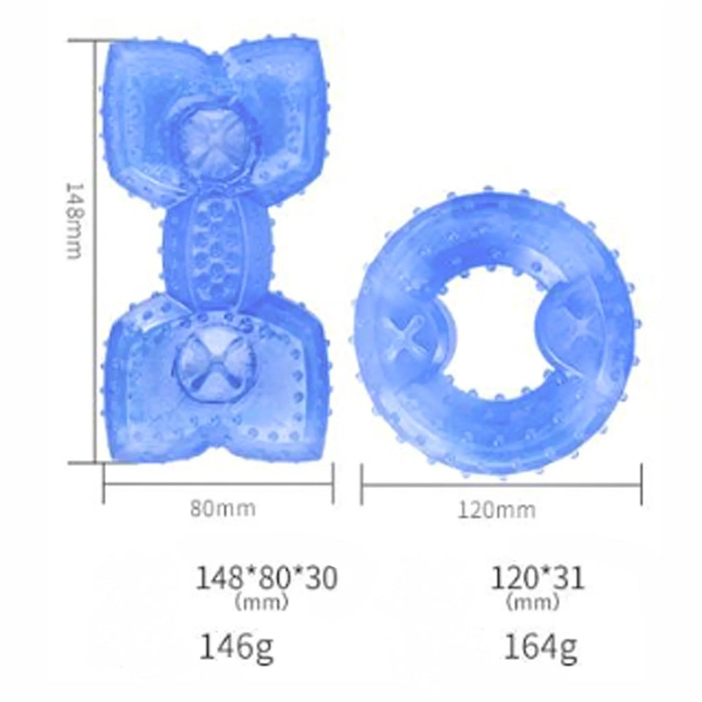 Freezable dog chew toy in bone and circle shapes with a treat slot, shown frozen.