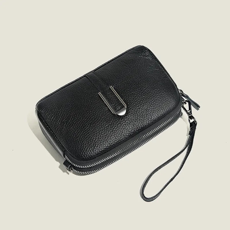 Minimalist crossbody bag in top-grain leather, horizontal square shape, spliced design, khaki colour