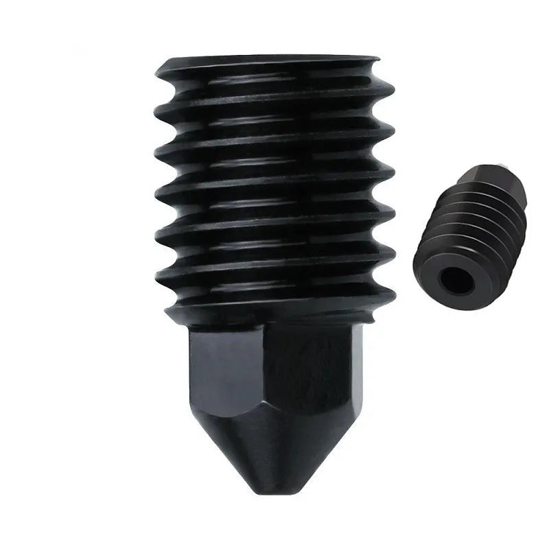 Hardened steel hot end nozzle kit with four sizes for Bambu Lab A1 Mini 3D printer, includes black silicone sleeve.