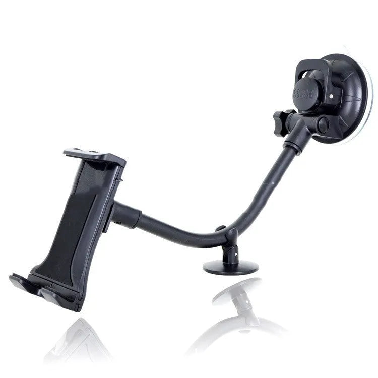 Black vehicle-mounted tablet holder with suction cup for 4-12 inch devices and iPad compatibility
