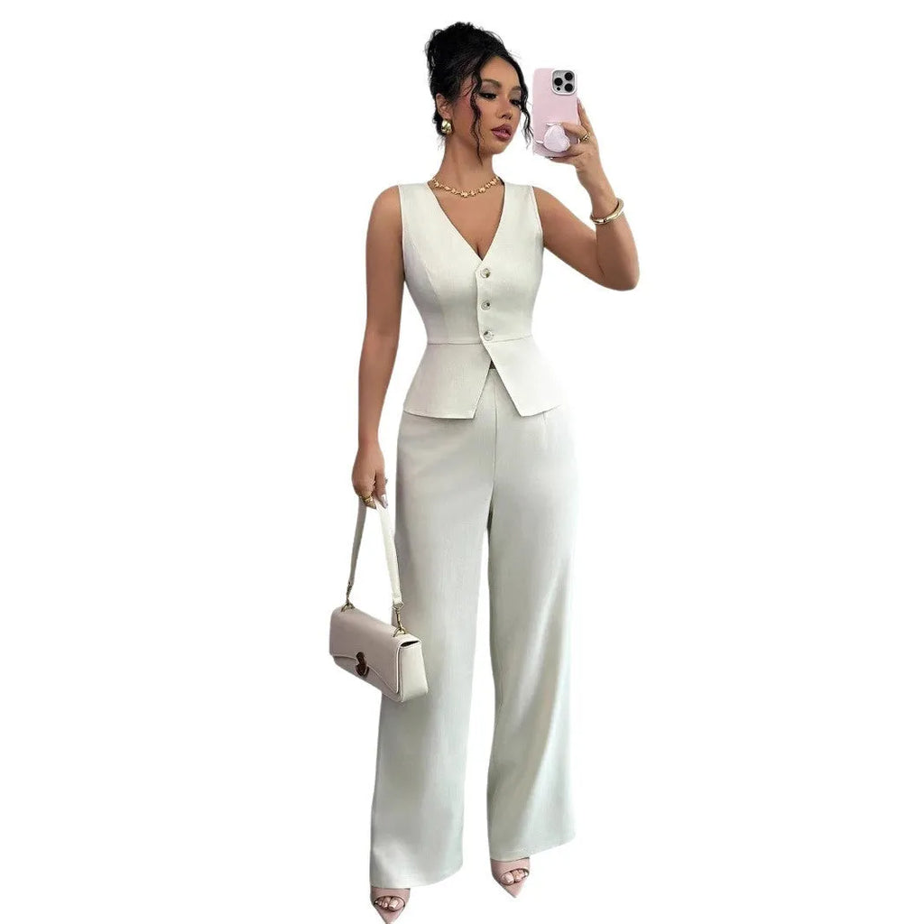 Women's sleeveless vest and high-waist trousers matching set in solid colour casual wear