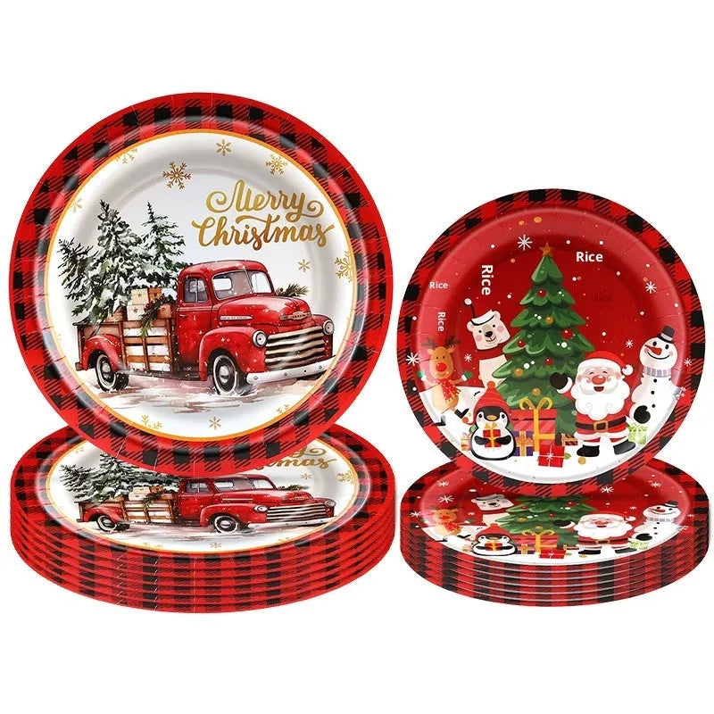 Disposable tissue paper pallet 10-pack with 7-inch and 9-inch cartoon-style paper plates for Christmas parties
