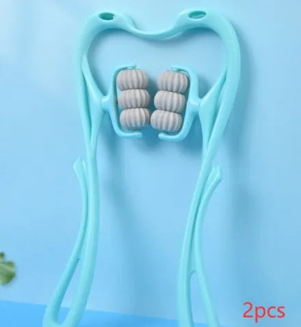 6-roller cervical neck massager in blue, ergonomic swan design, with 360° rotating massage balls and jade scraping board