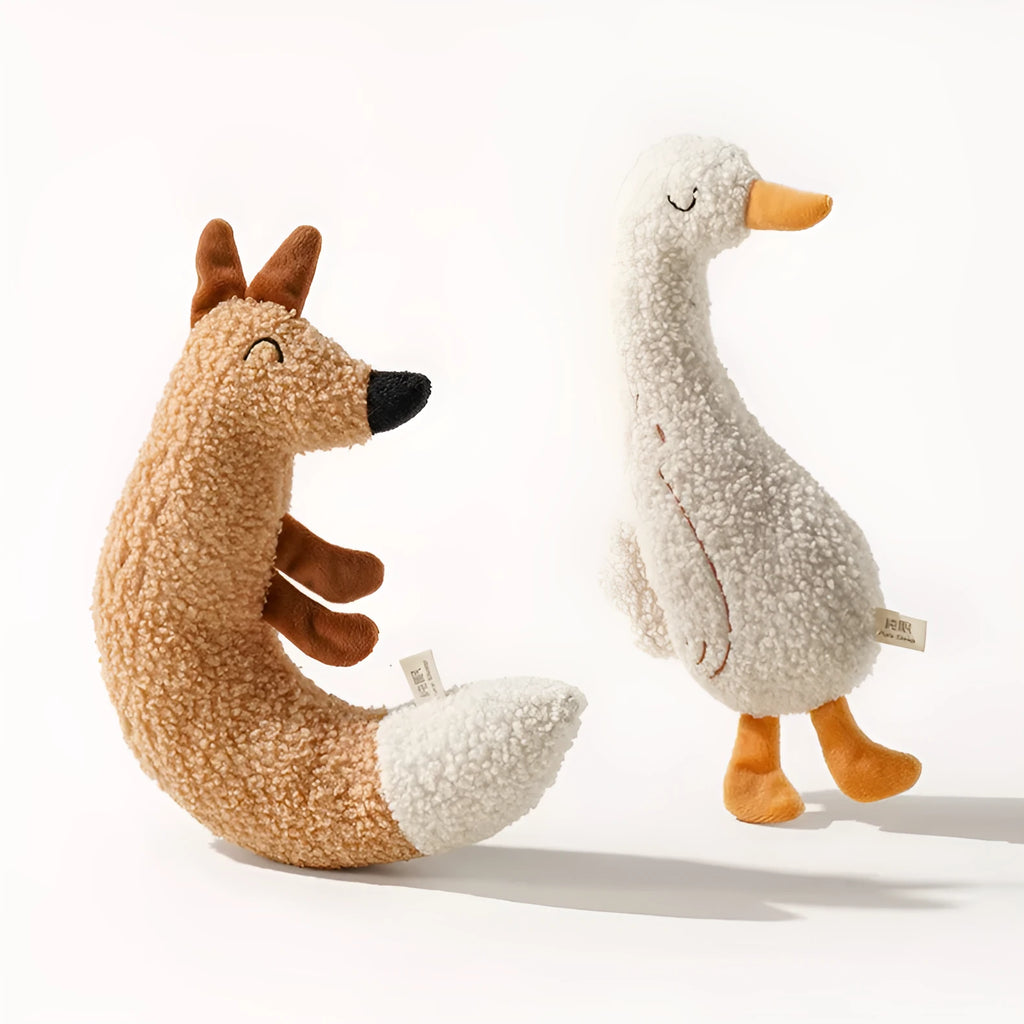 Cartoon fox and duckling pet chew toys with sound paper inside, made from teddy velvet fabric