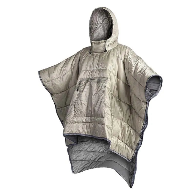 Outdoor cloak sleeping bag shown as wearable cape and as traditional sleeping bag