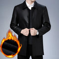 Men's black PU leather lapel coat with fleece padding, medium length 65cm, on display