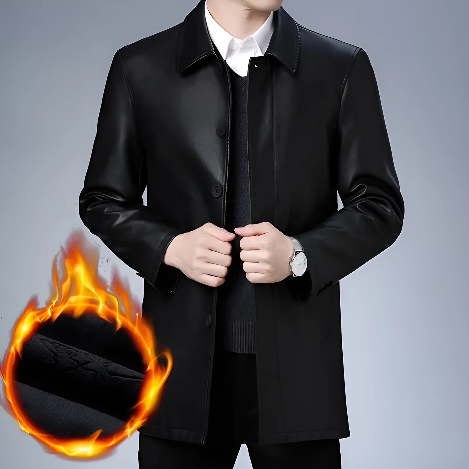 Men's black PU leather lapel coat with fleece padding, medium length 65cm, on display