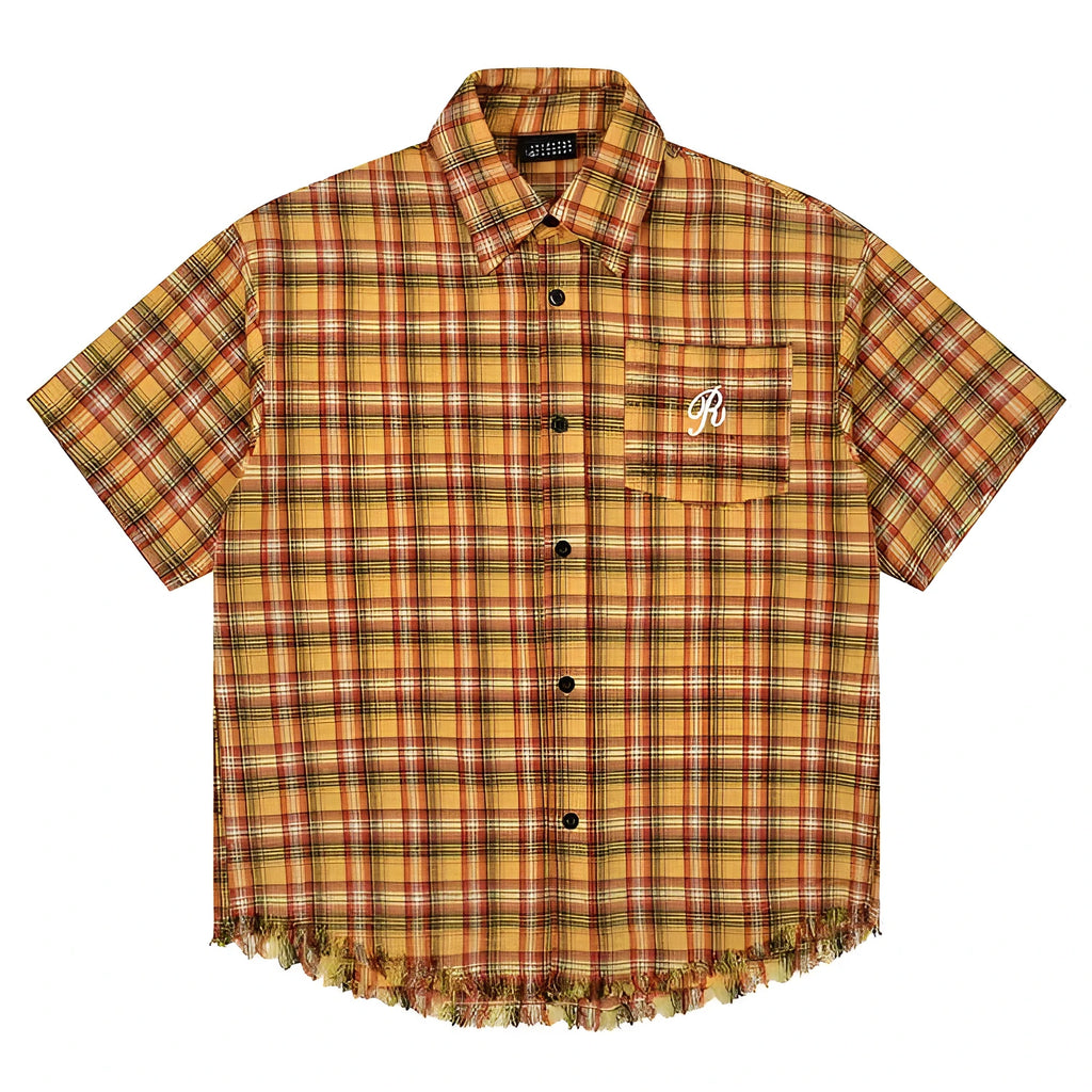 Yellow plaid short sleeve shirt with embroidered pocket detail in loose fit