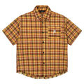 Yellow plaid short sleeve shirt with embroidered pocket detail in loose fit
