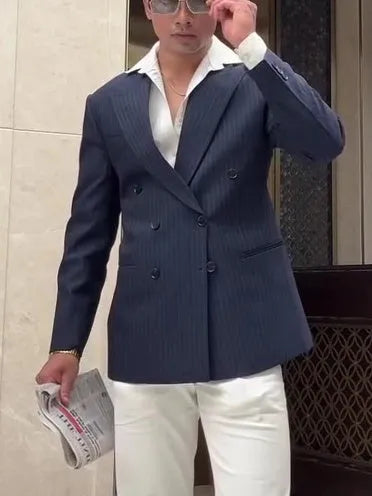 Men's striped double-breasted blazer on a hanger, showing regular fit and polyester construction.
