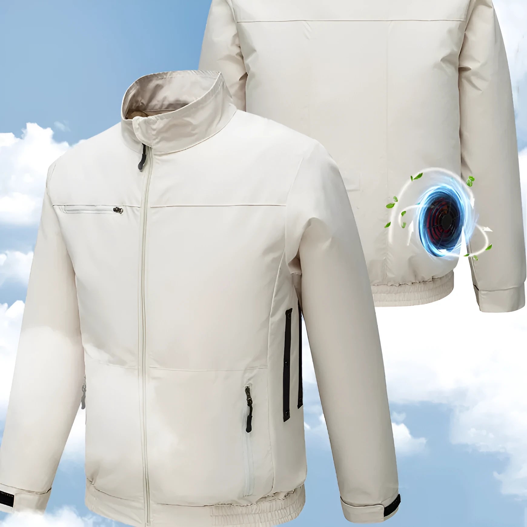 Men's black and white summer cooling jacket with visible fan port holes on the back.