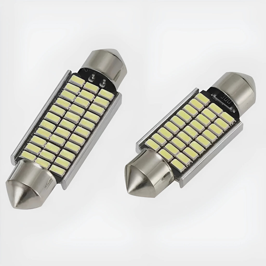 White aluminium car roof interior light with double tips for decoding, shown with LED array.