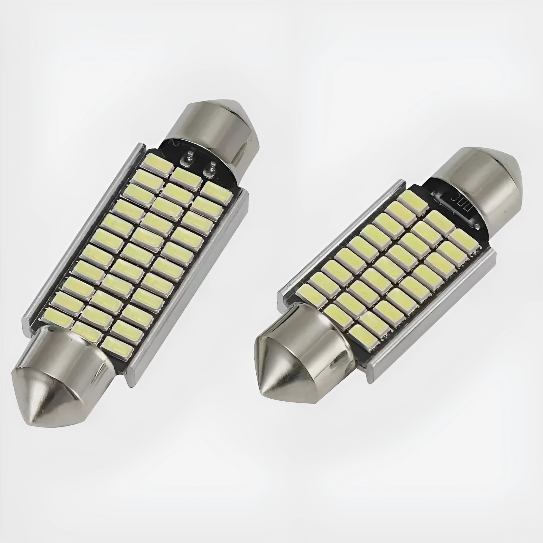White aluminium car roof interior light with double tips for decoding, shown with LED array.