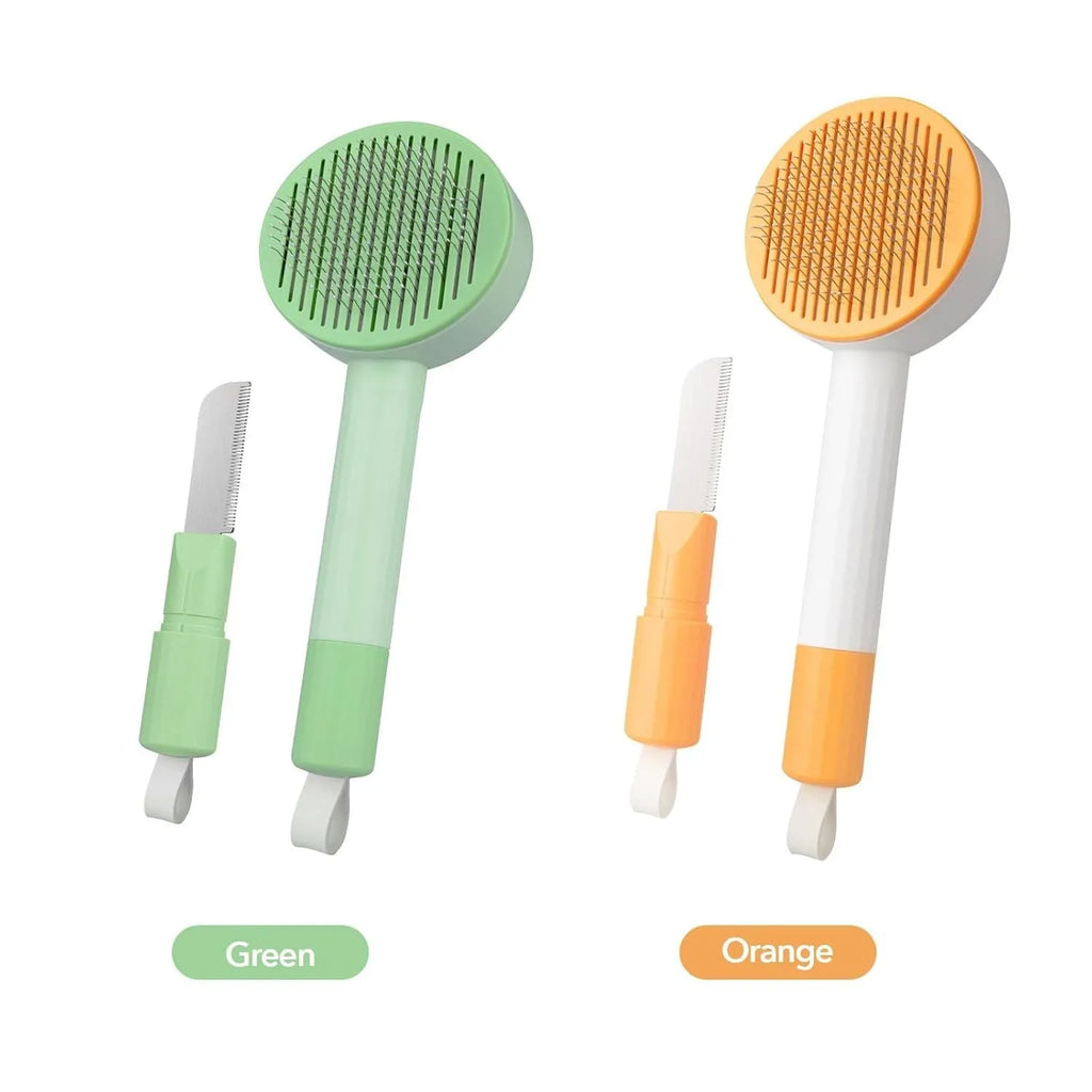 Green and yellow 2-in-1 pet grooming brush with stainless steel teeth and a hanging loop for storage.