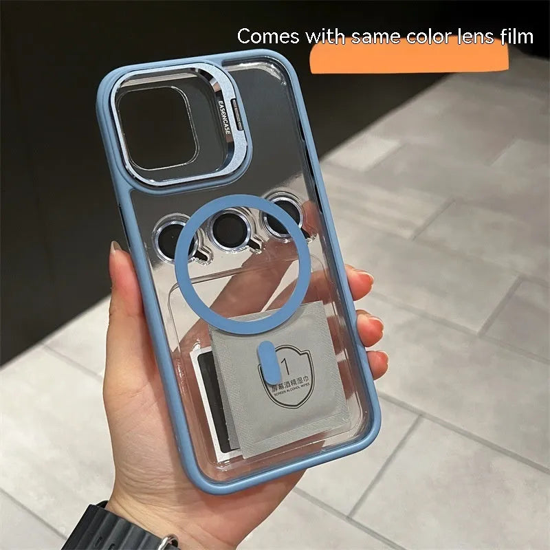15 Lens Invisible Bracket Phone Case Magnetic Suction PC Drop Protection in Gold for iPhone 15 ProMax