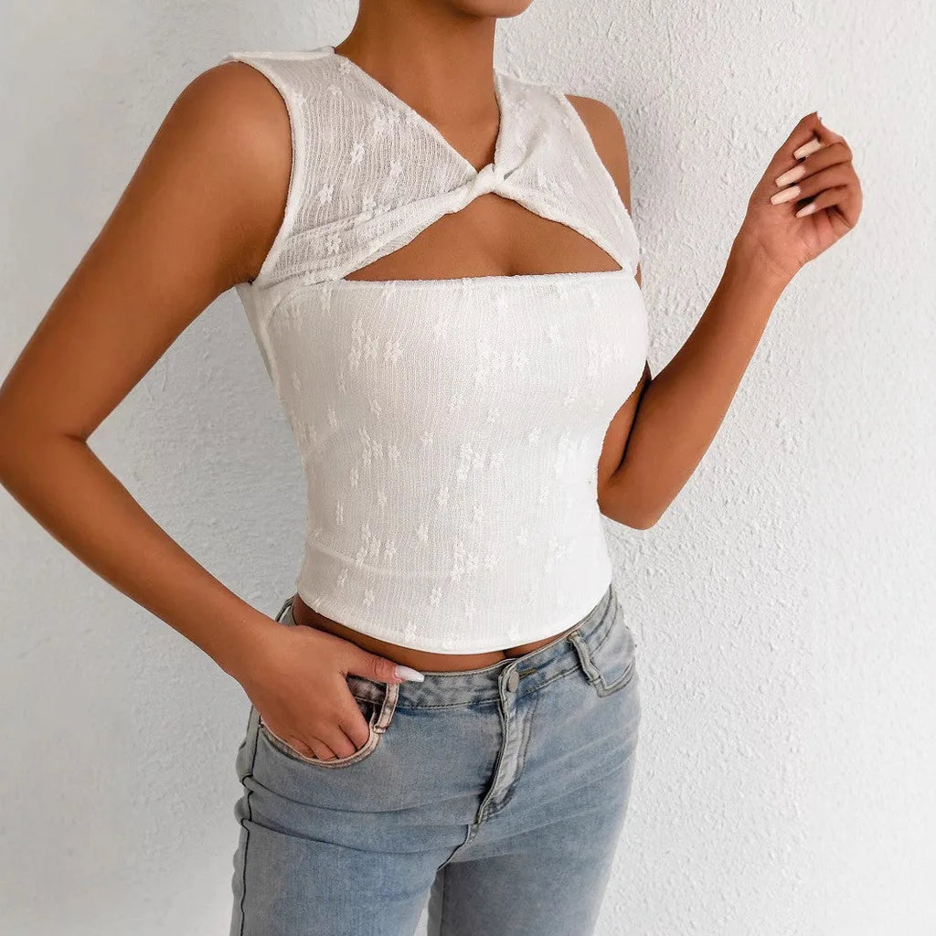 White women's lace patchwork sleeveless top slim fit short 40cm pullover on model