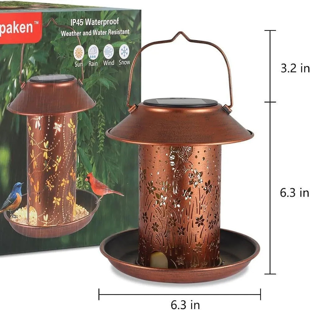 Solar-powered iron art hummingbird pattern feeder lamp for outdoor garden bird attraction and lighting
