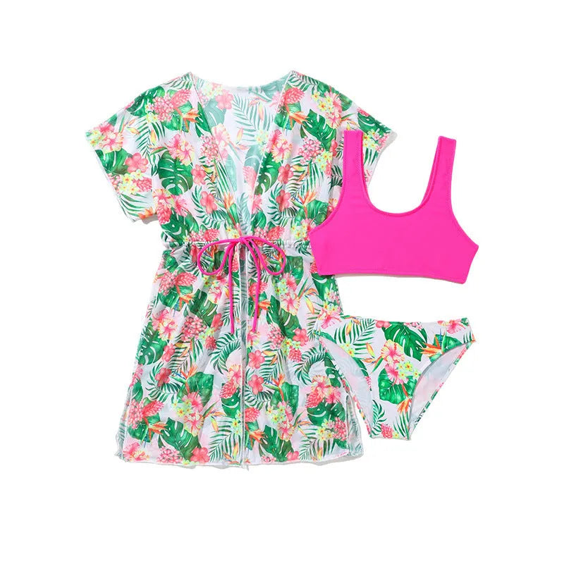 Girls' floral pattern two-piece swimsuit with high elasticity polyester fabric for swimming