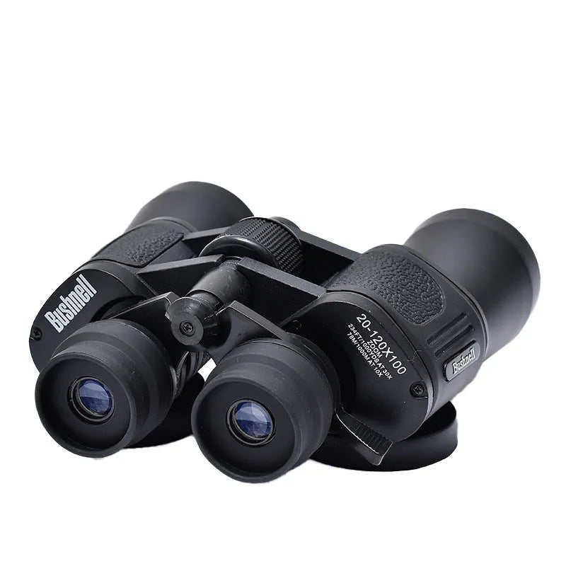 High power binocular telescope with large lenses shown on a dark background, set to 20-120x magnification.