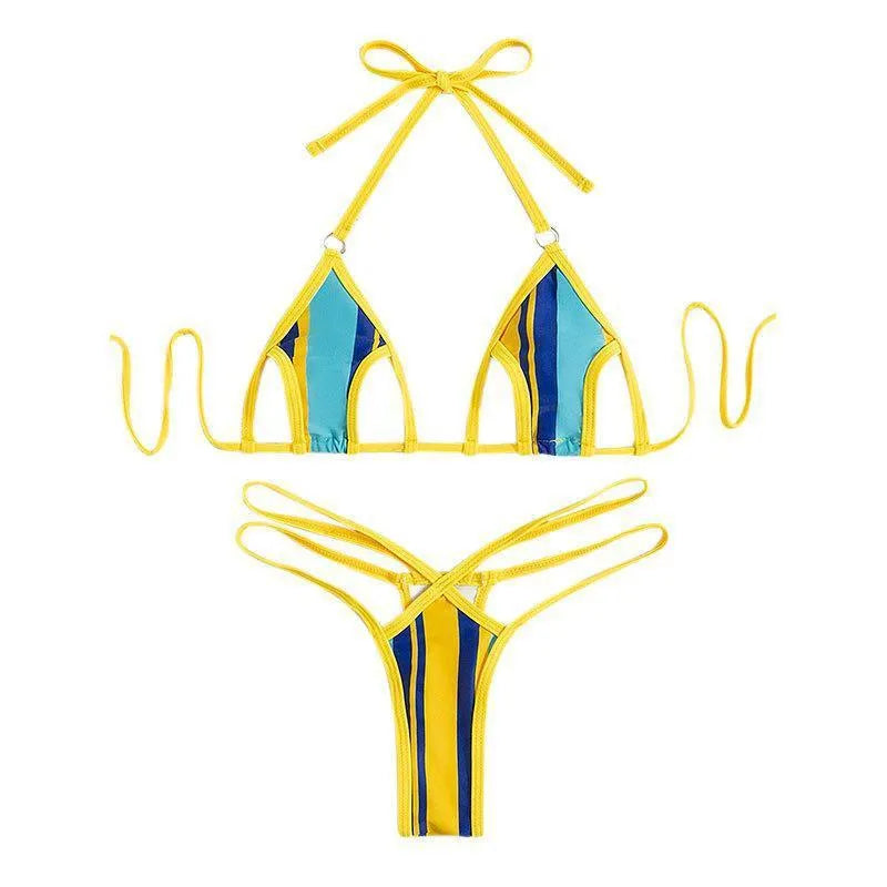 Yellow women's split swimsuit with hollow back design and high-waist shorts