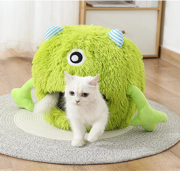 Round fluffy cat bed with plush material and non-slip base in three size options