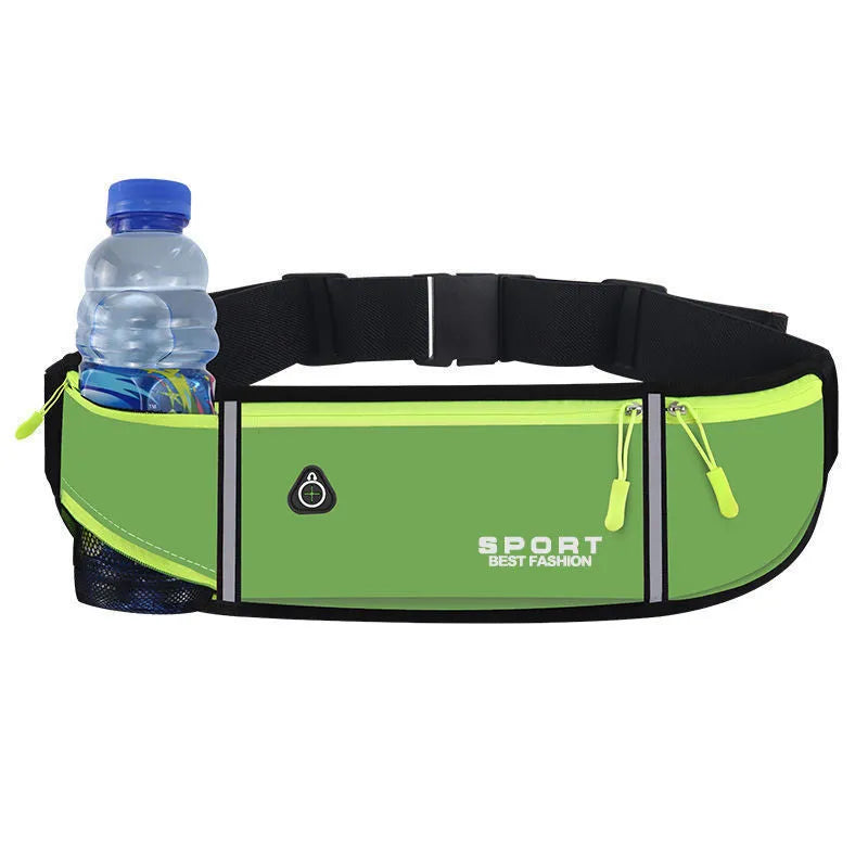 Waterproof running belt in fluorescent green with anti-theft zipper and adjustable waist strap