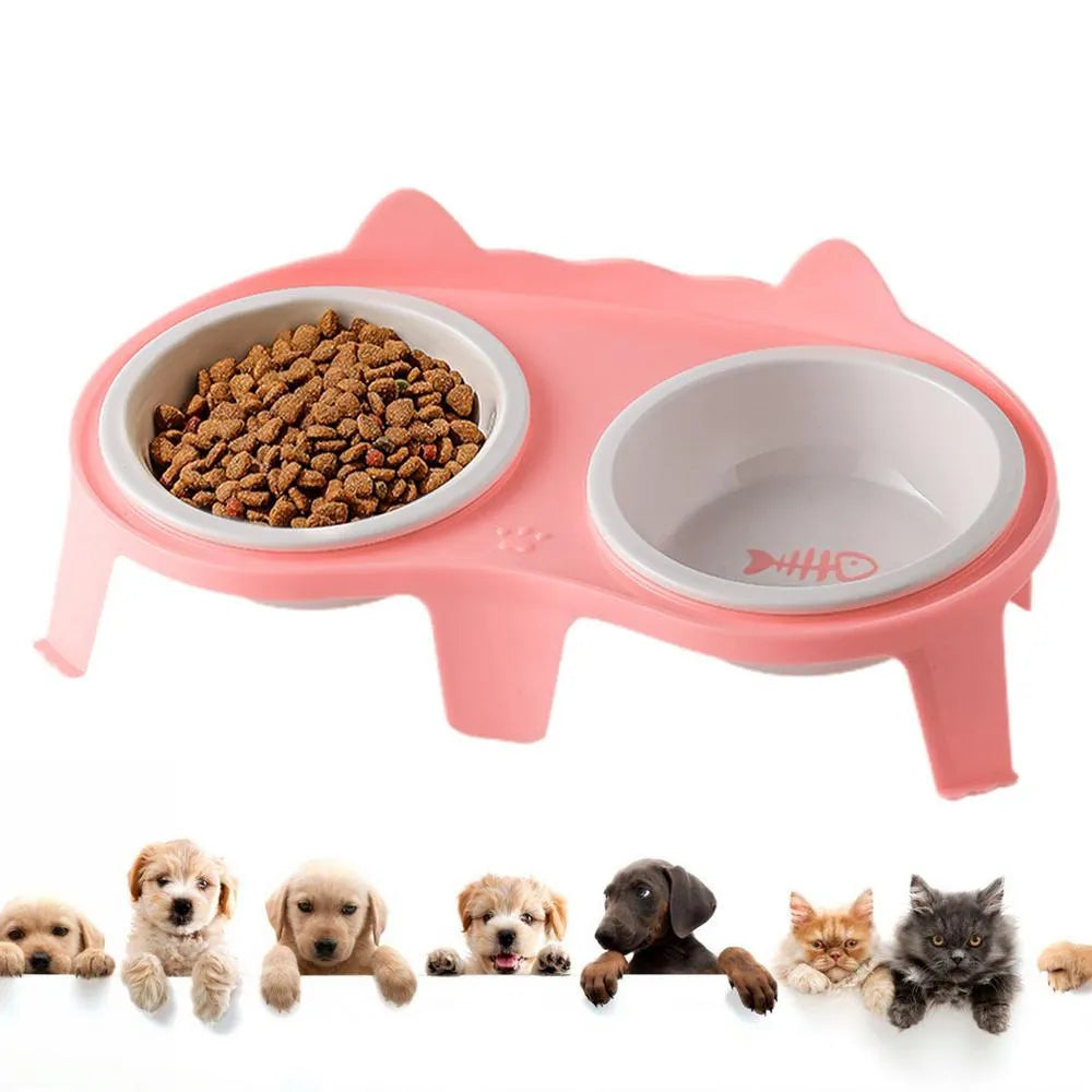 Ceramic cat food and water bowl set with elevated tilted stand in blue, pink, white, or yellow