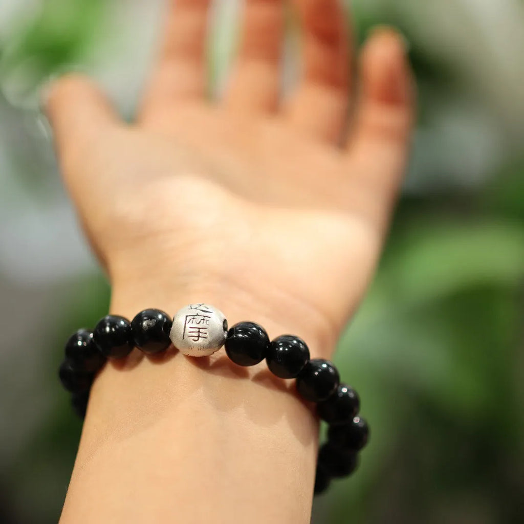 Black agate and sterling silver bracelet with 10mm beads in Chinese style design