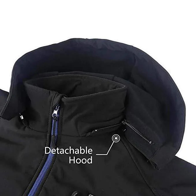Black men's waterproof windproof thermal winter coat with zipper pockets.