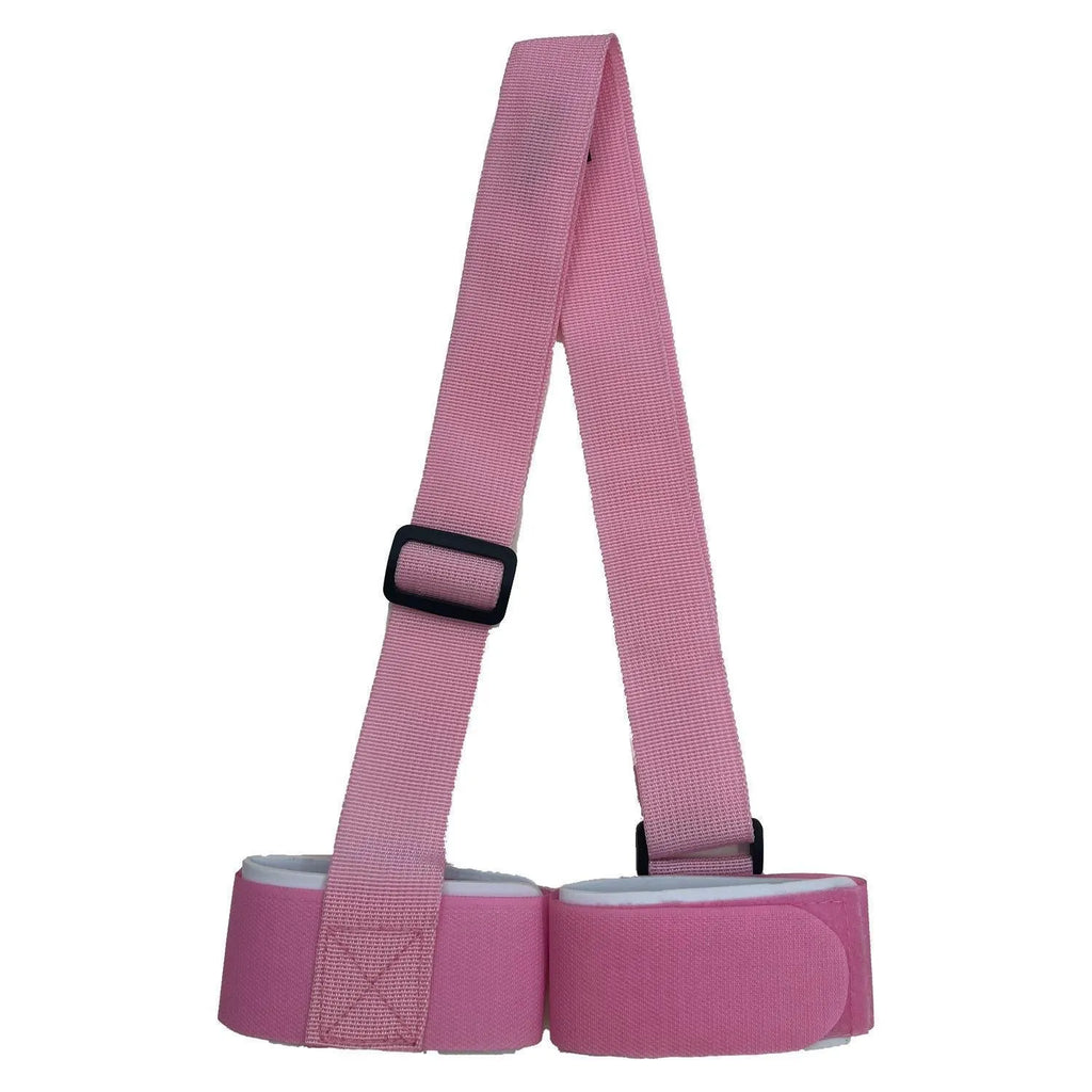 Adjustable hook and loop skiing bandage with shoulder strap in black, blue, pink, and red options.