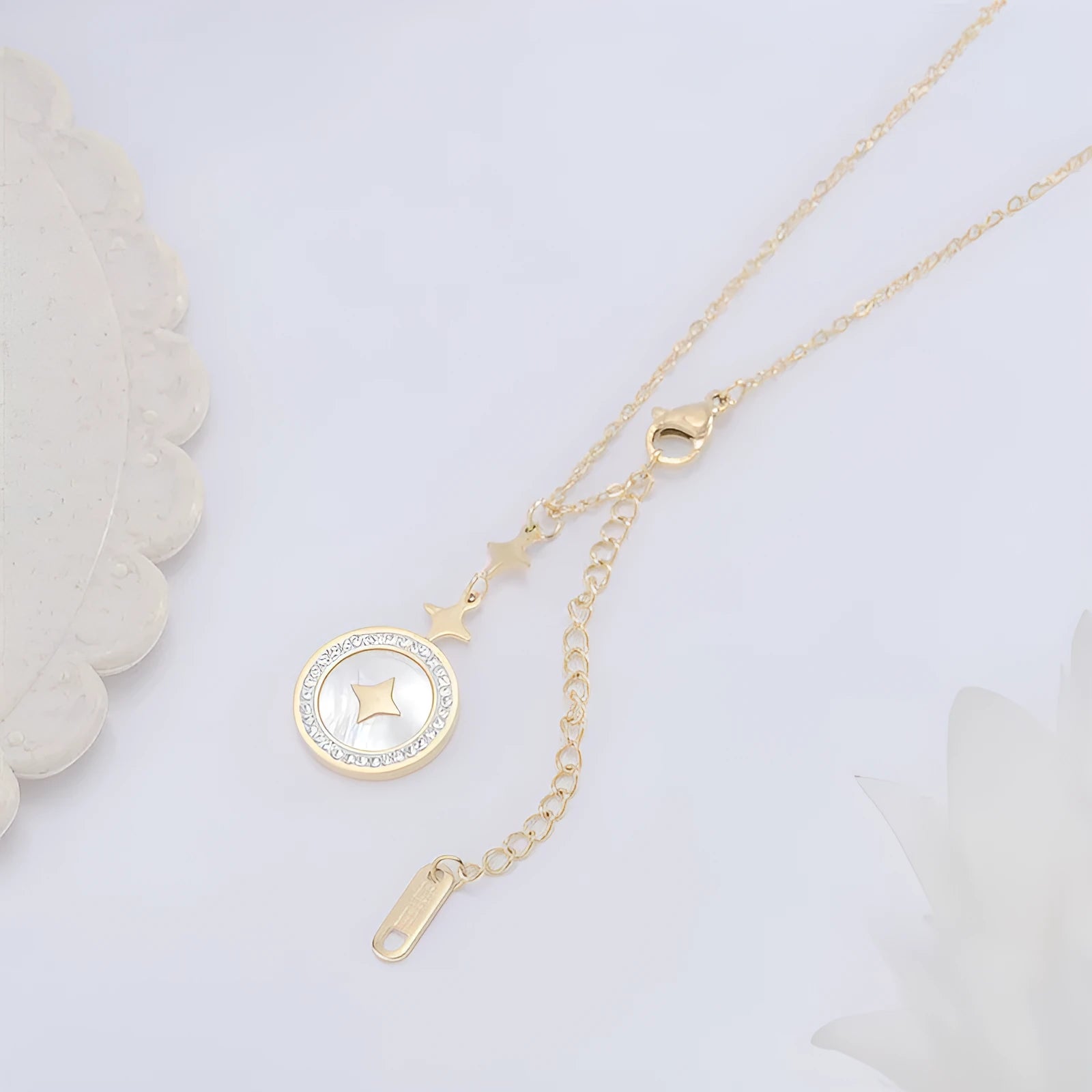 Six-pointed star titanium steel necklace with O-ring chain in rose gold or gold colour options