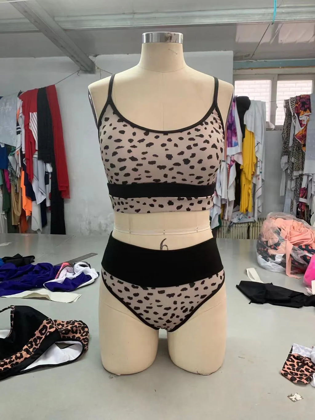 Women's high waist split bikini swimsuit in white or leopard print colour options