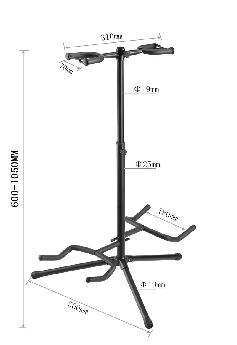 Black vertical adjustable guitar stand showing height mechanism and double-headed design