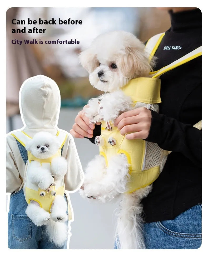 A cartoon-patterned canvas chest bag for pets with adjustable ribbon straps, shown in the Beka Yellow Bear design.