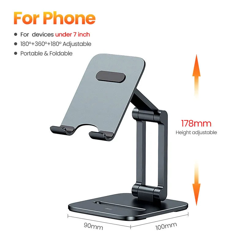 Folding aluminium alloy stand holding a 13-inch tablet on a desk, deep space gray colour, tablet model size 115 by 126 by 43 millimetres