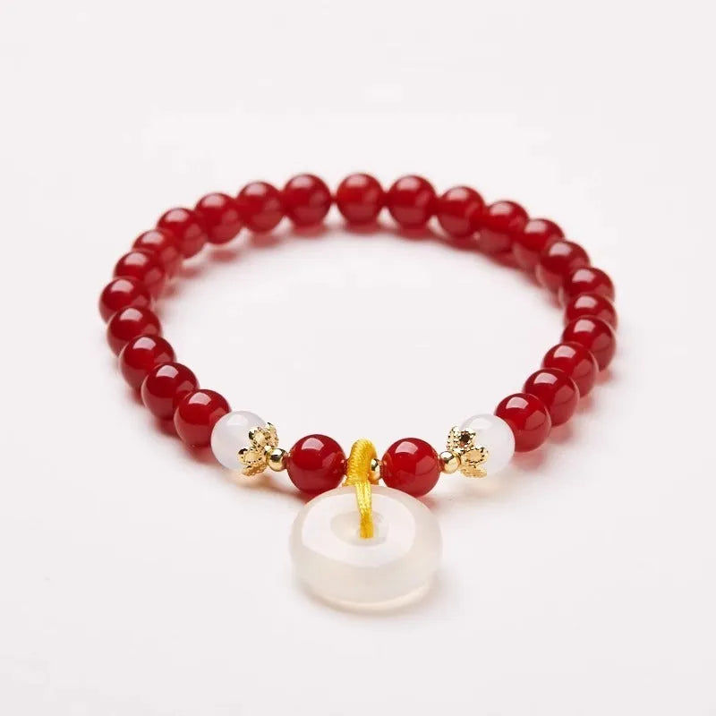 Handmade Chinese-style safety buckle bracelet with 6mm agate and strawberry quartz beads