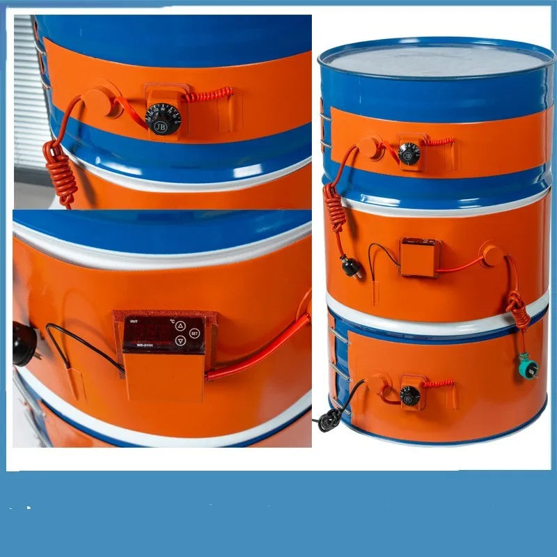 200-litre oil drum with wrapped silicone rubber heating belt and thermostat control