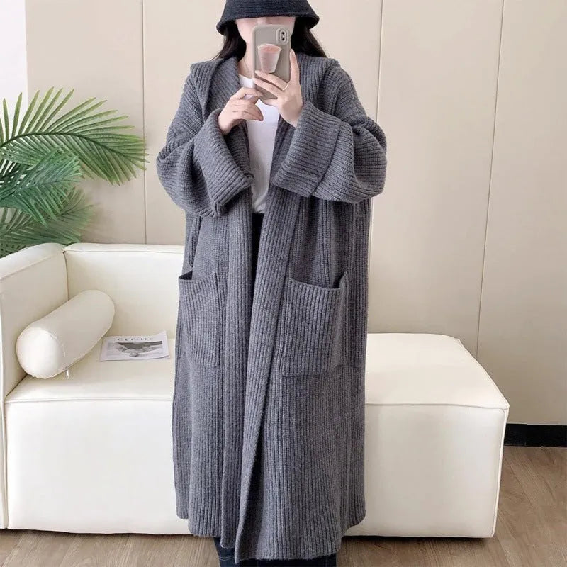 Women's loose hooded sweatshirt cardigan in acrylic fabric with 80cm length and raglan sleeves