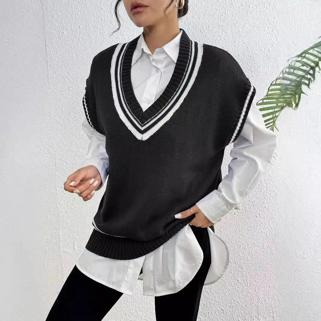 Women's casual vest sweater in wool blend fabric with loose fit and college style design