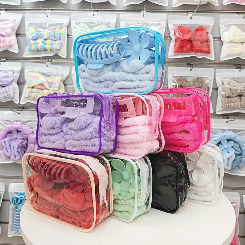 16-piece bow washing face hair band set in assorted colours with plaid pattern on OPP packaging