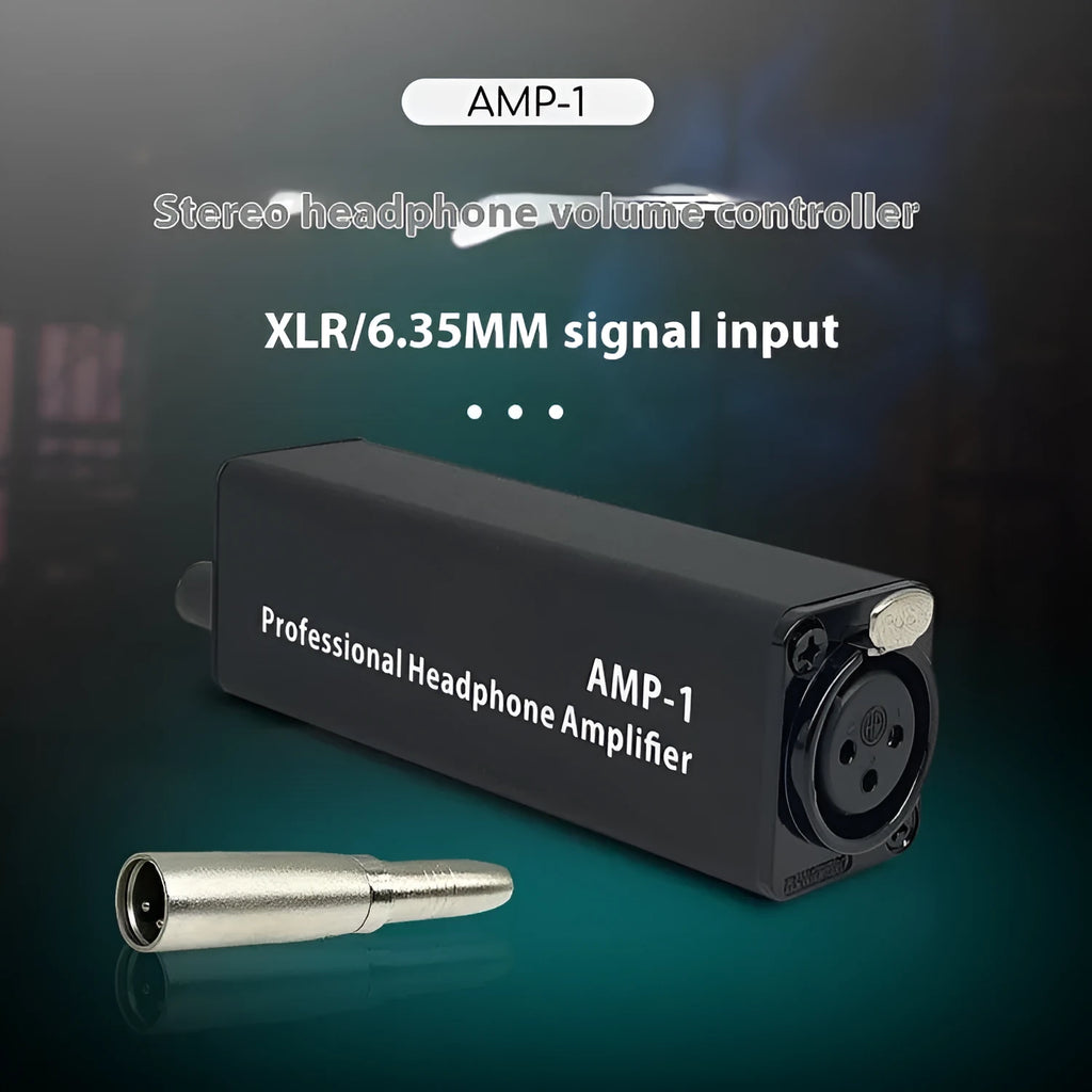 Headphone volume adjustment converter with XLR interface, compact size 9.6×2.6×3.15cm, model AMP1